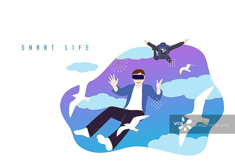 两名男子使用VR设备在天空中与鸟类一起飞行图片素材