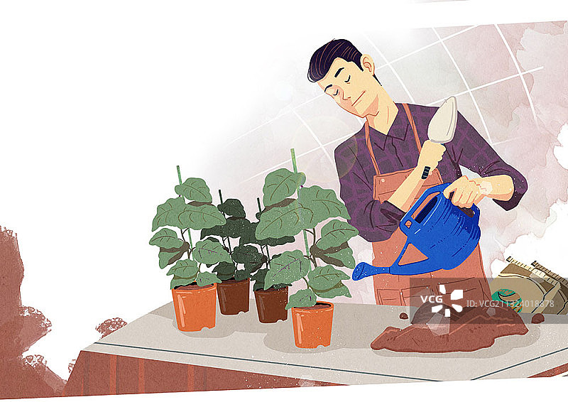 年轻农民在塑料温室里浇水图片素材