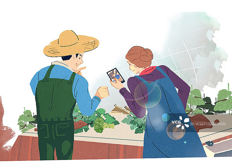 年轻农民在智能手机上搜索信息时修剪植物图片素材