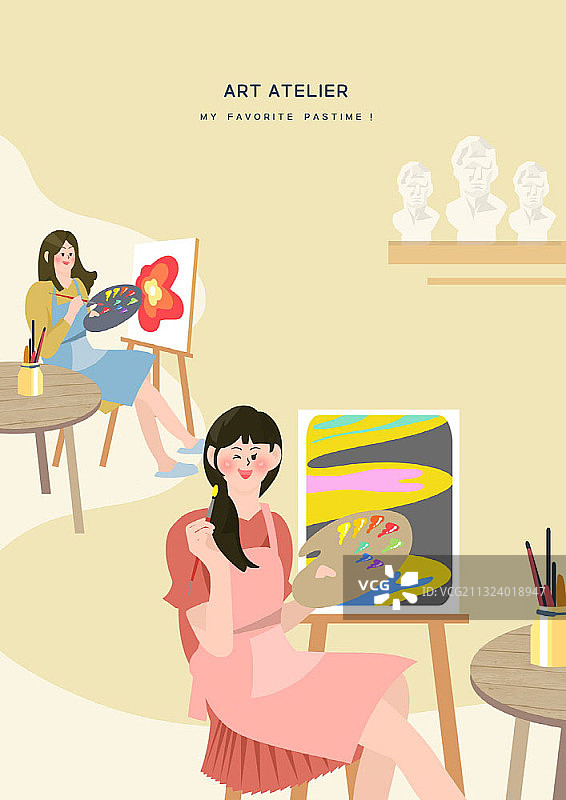 两个女孩在艺术学校绘画图片素材