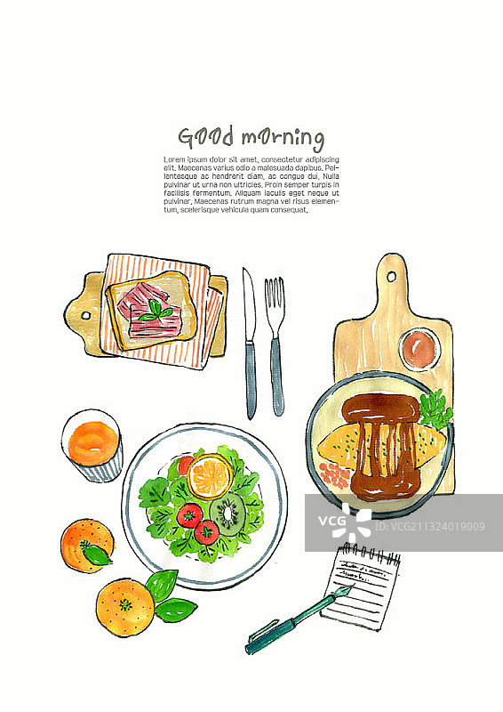 蛋包饭和沙拉早餐插画图片素材