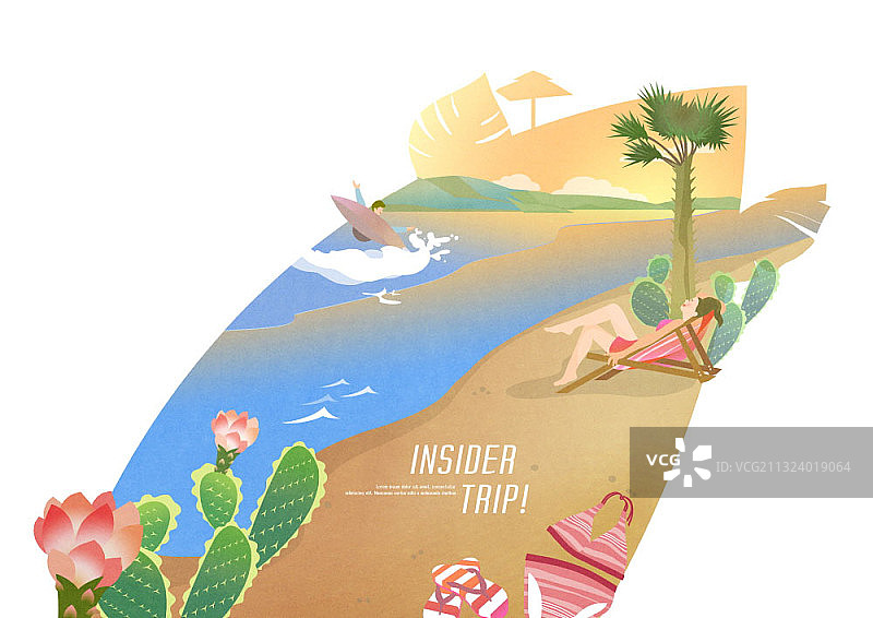 女人享受日光浴，男人在海浪中冲浪图片素材