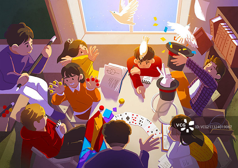 孩子们练习魔法表演的房间插画图片素材