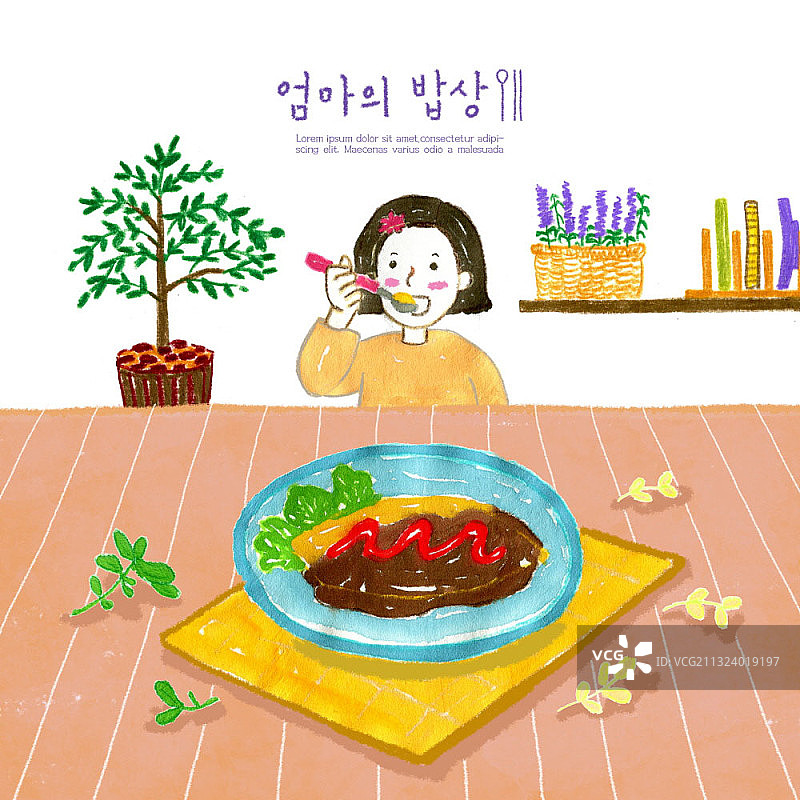 女孩在吃薄蛋卷包裹的炒饭图片素材