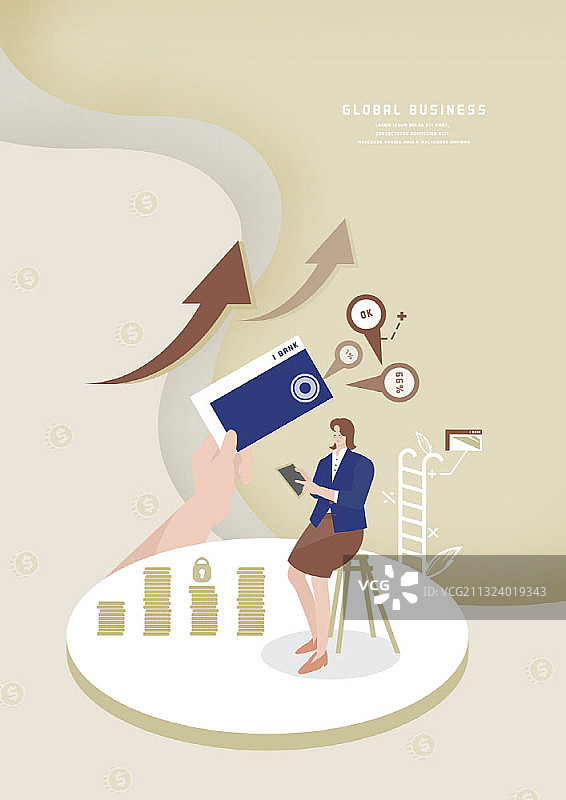 一名女子坐在椅子上，用平板电脑分析利率，手里拿着银行存折图片素材