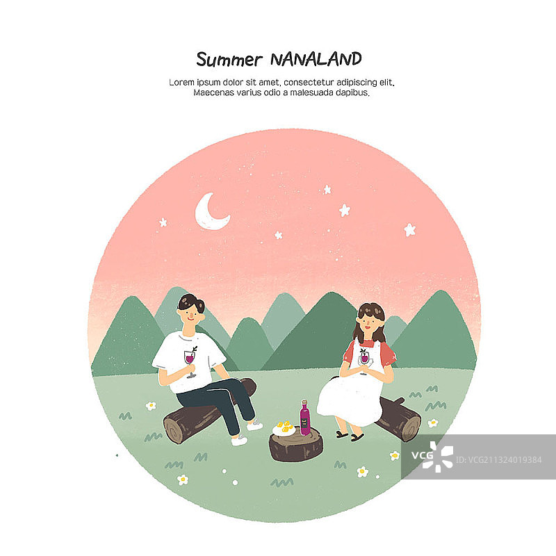 粉色天空下，一对情侣在树林里野餐图片素材