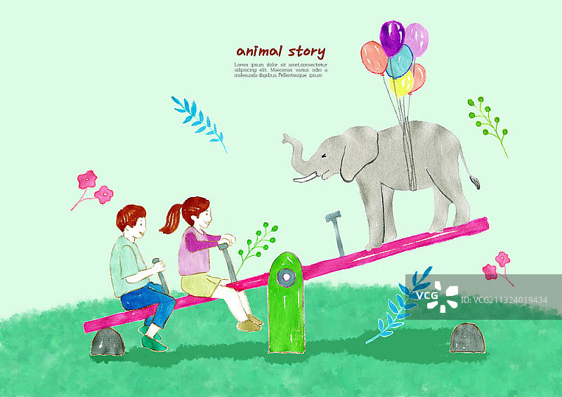 大象与儿童玩跷跷板图片素材