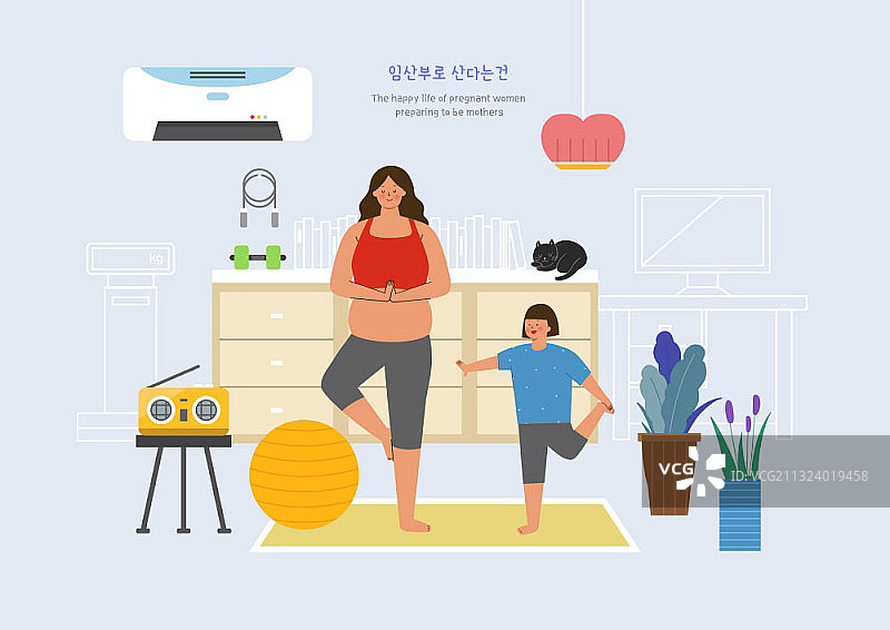 孕妇和女儿一起做瑜伽图片素材