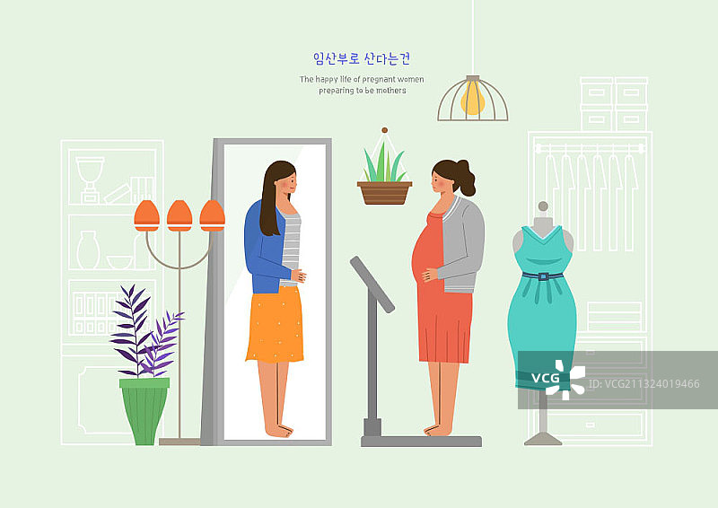 孕妇站在镜子前回忆苗条的过去图片素材