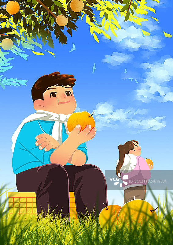孩子们在吃收获的梨时，抬头看天空休息图片素材
