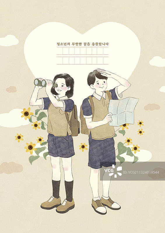 穿着制服，用地图和望远镜寻找方向的学生图片素材