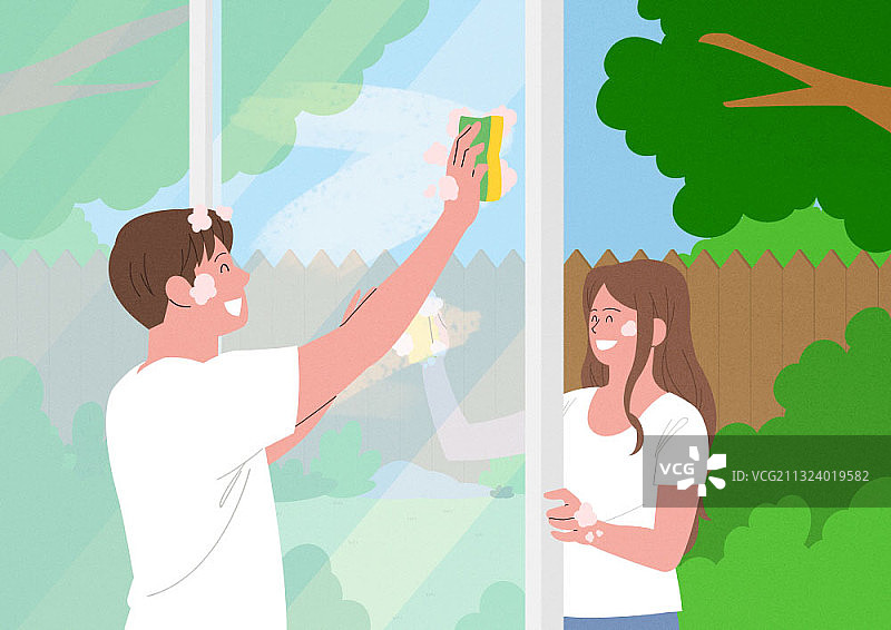 情侣一起擦拭客厅的窗户图片素材
