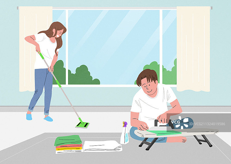 丈夫熨烫衣服，妻子打扫客厅图片素材