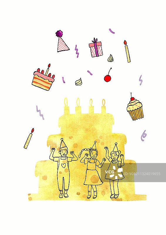 孩子们在巨大的黄色蛋糕里举办生日派对图片素材