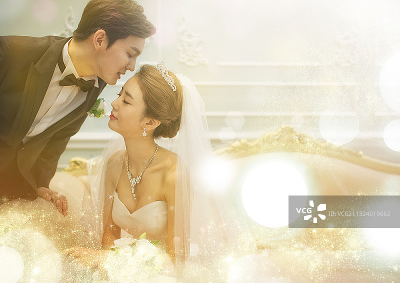 身穿婚纱和燕尾服的情侣亲吻额头的图片图片素材