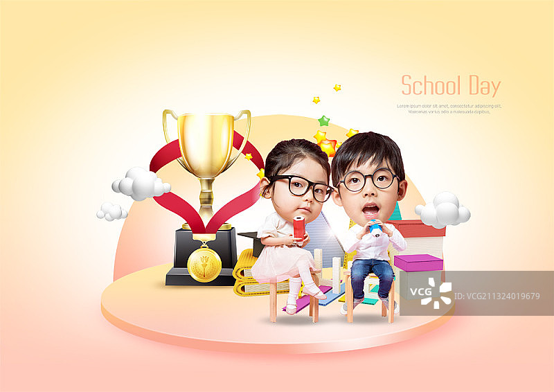 儿童坐椅上拿铅笔奖杯盒子图片素材