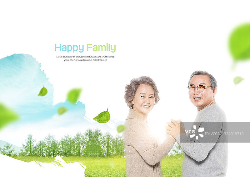 幸福家庭与老年夫妇在自然背景上手牵手的图像图片素材