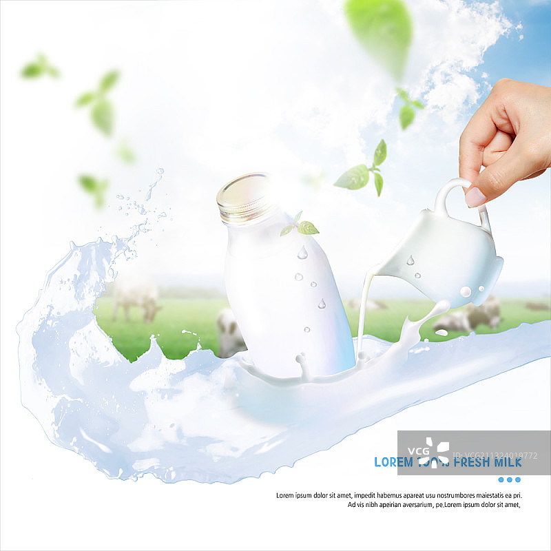 人手将牛奶倒入玻璃瓶旁，农场背景图片素材