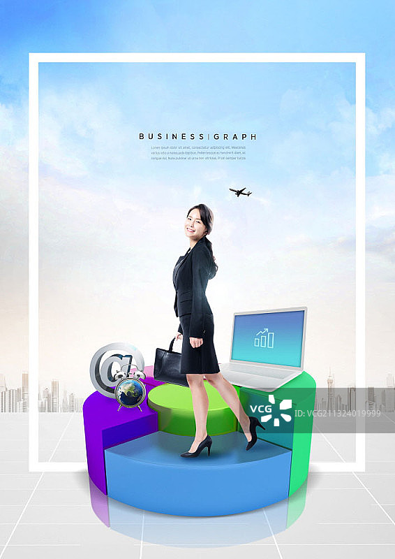 商业主题的编辑图像，女商人手提包站在图表上图片素材