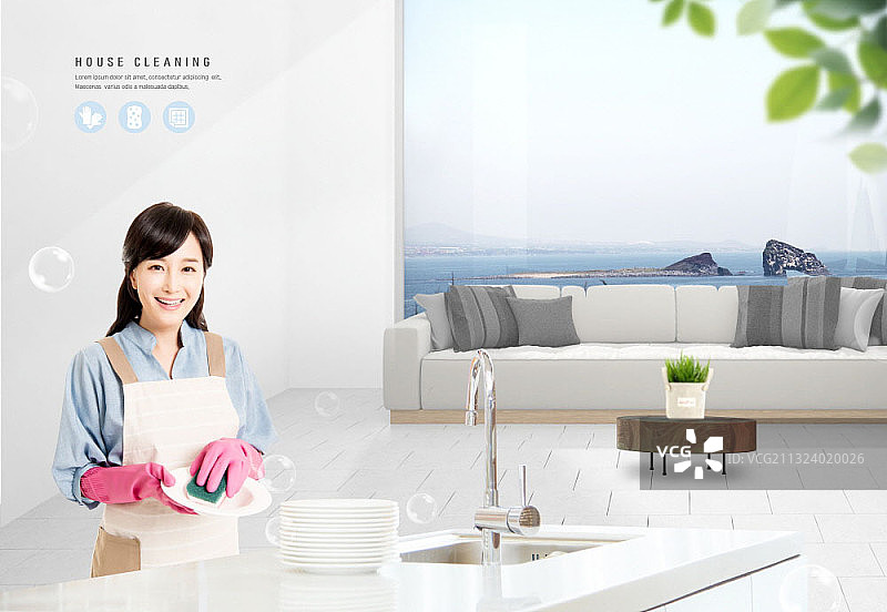 家庭清洁主题图片：女人洗碗图片素材