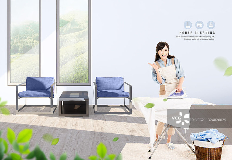 家务清洁主题：女性熨烫衬衫编辑图图片素材