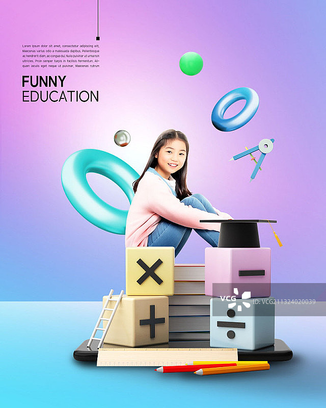 有趣的教育主题，女孩坐在骰子旁的书堆上的图片图片素材