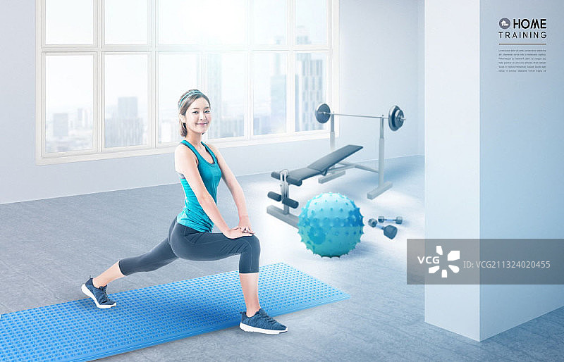 在家锻炼：女性在运动器材旁伸展腿部图片素材