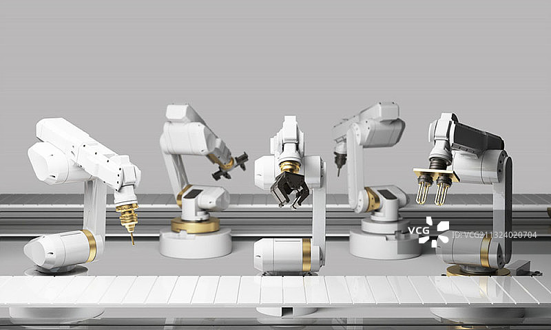 灰色背景上，传送带上的机械臂制造机器图片素材