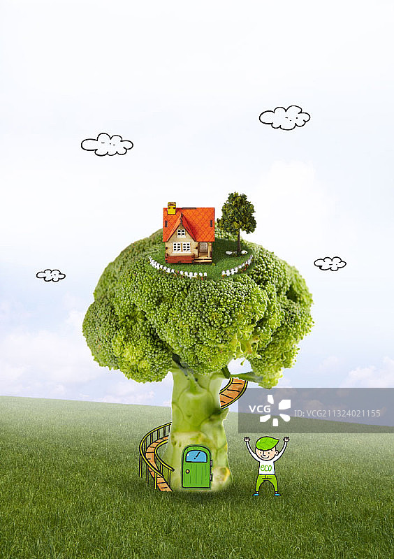 西兰花树上的房屋模型旁边的田野上的男人图像图片素材