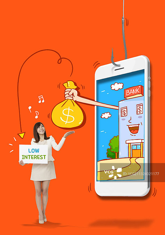 手持低利率banner的女性与手机银行矢量图图片素材