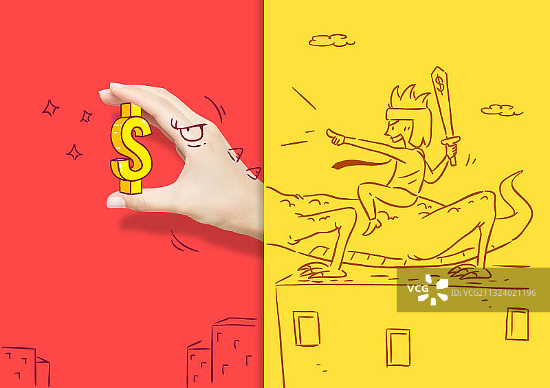 手绘恐龙与手持货币符号的人手矢量图图片素材