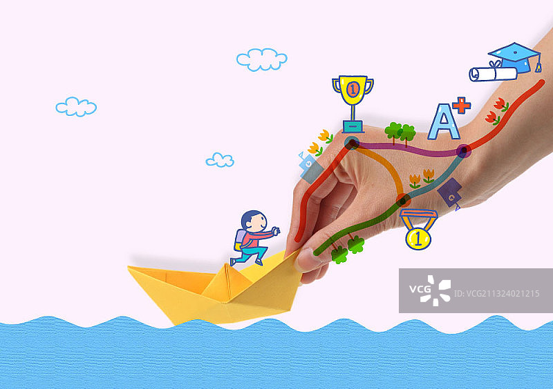 手拿纸船的矢量图，纸船上有男孩图片素材