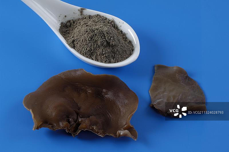 新鲜、干燥和粉末状的毛木耳，药用蘑菇图片素材