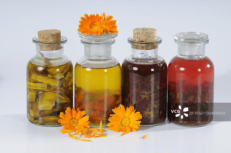 含有金盏花、紫草、薰衣草、圣约翰草的草药油图片素材