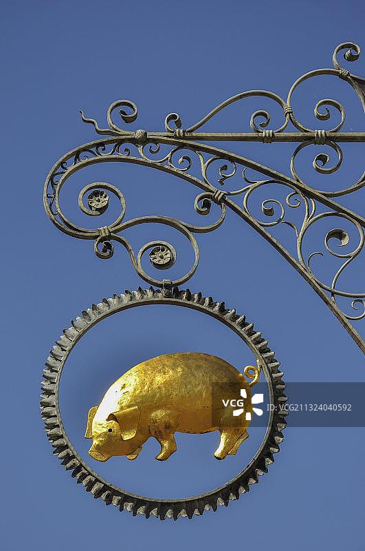 肉店前的猪标志，德国巴登-符腾堡州图片素材