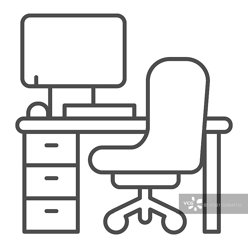 办公椅和带电脑的桌子细线图标图片素材