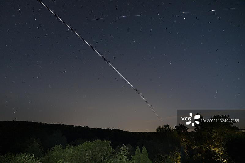 铱星闪光，未知卫星，国际空间站，2018年7月30日，德国下萨克森明登自然公园图片素材