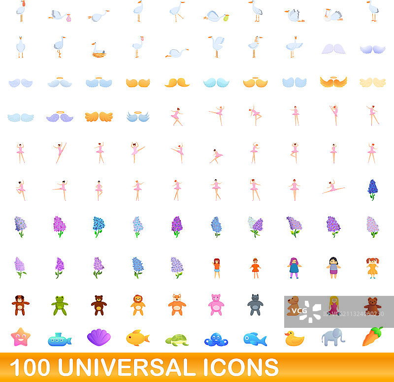 100个通用图标设置卡通风格图片素材