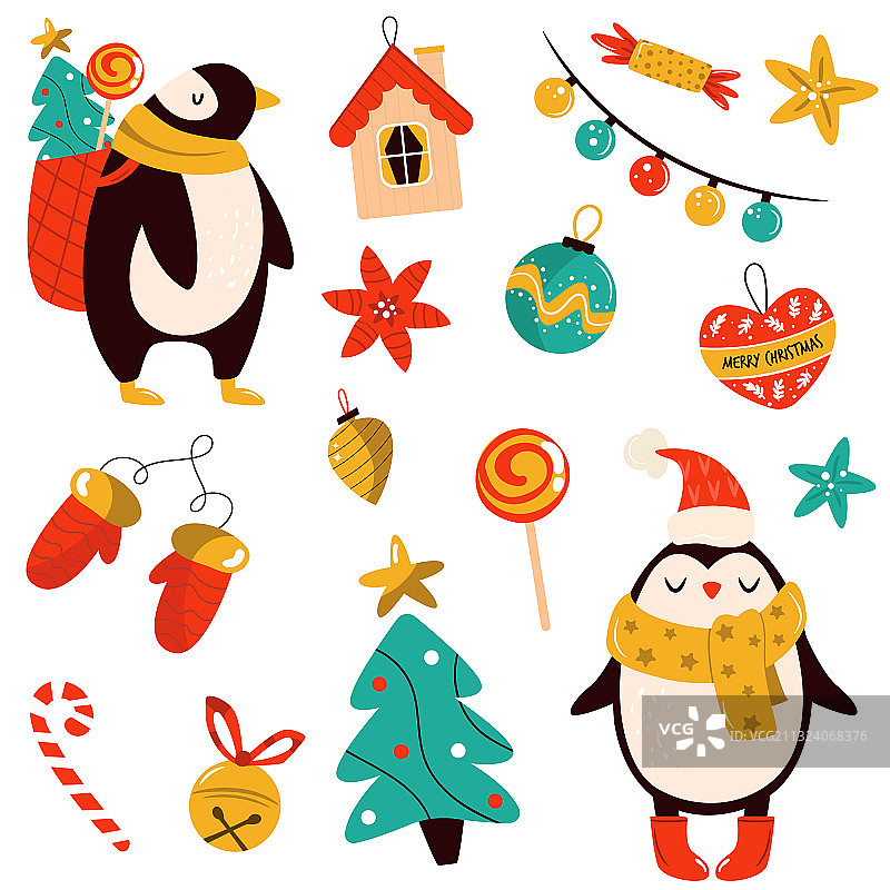 可爱的企鹅和装饰节日套装图片素材