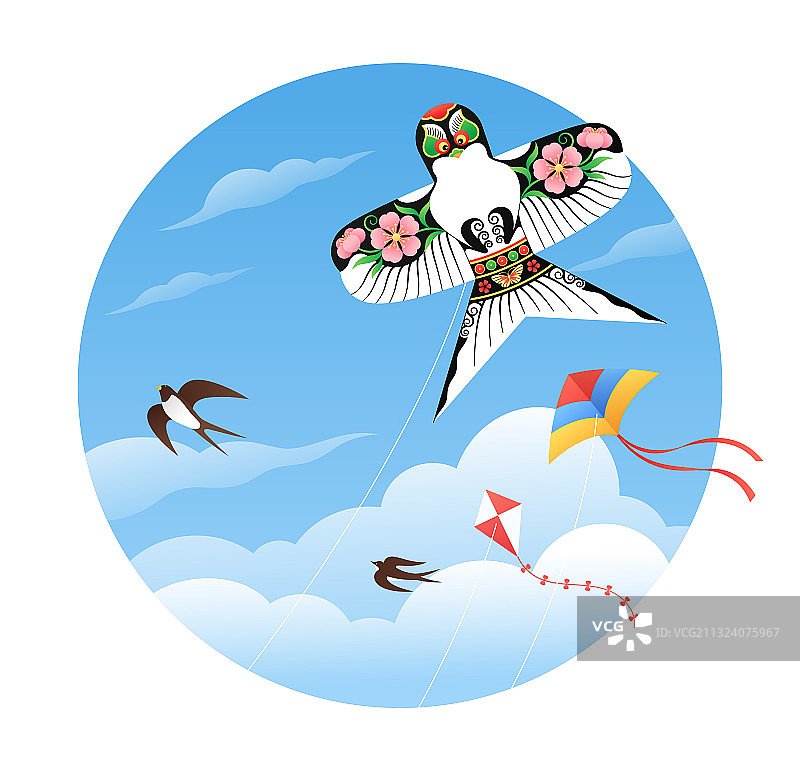 天空中的风筝插画圆形版图片素材