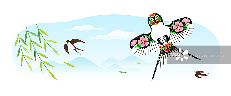 天上的风筝和柳叶图片素材