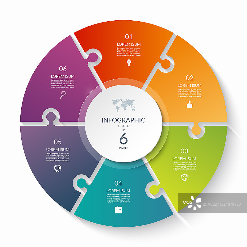 带有6个步骤选项的拼图信息图圆形图片素材