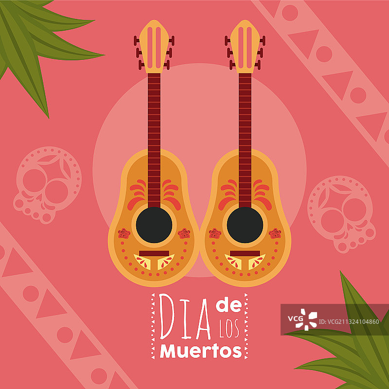 带有吉他和树叶的亡灵节海报图片素材