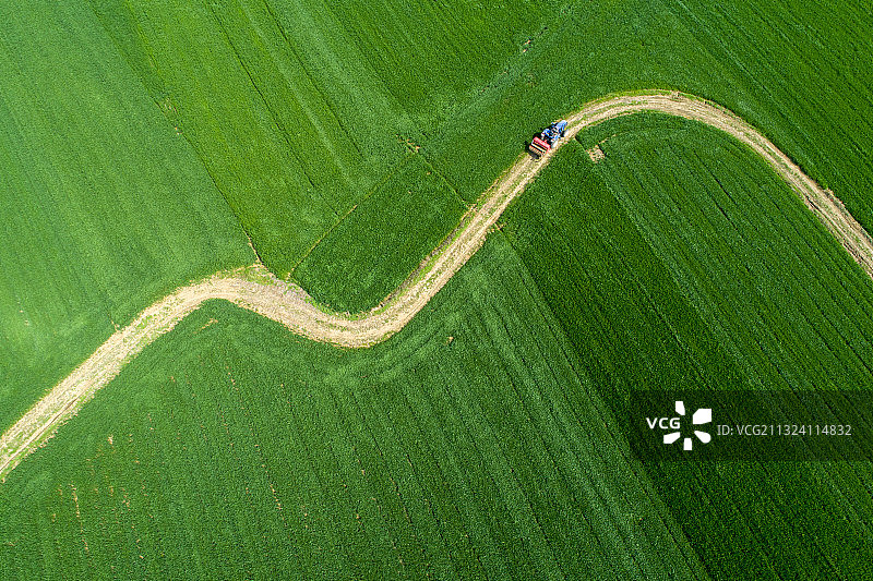 航拍乡村小麦田道路农用机械拖拉机行驶图片素材