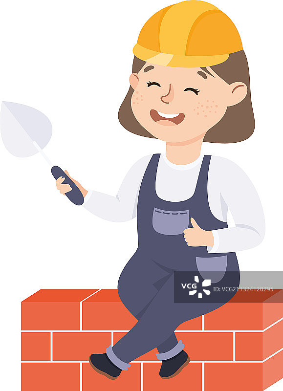可爱建筑工人建造砖墙房子图片素材