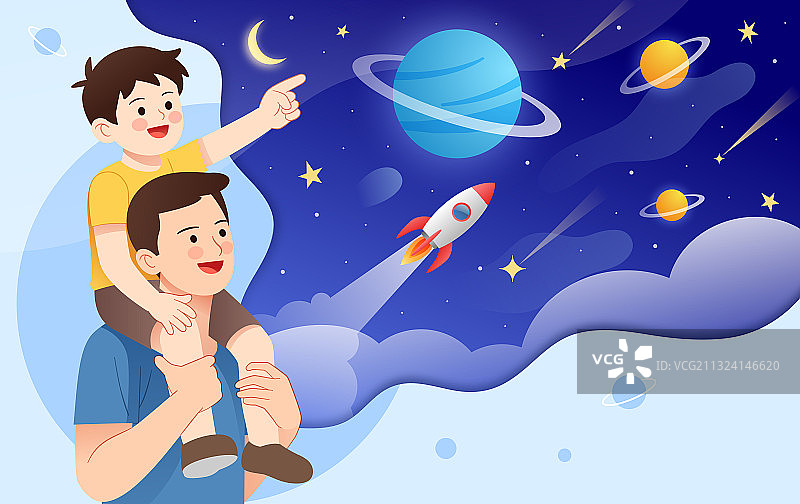 一个孩子坐在爸爸肩上指着太空图片素材