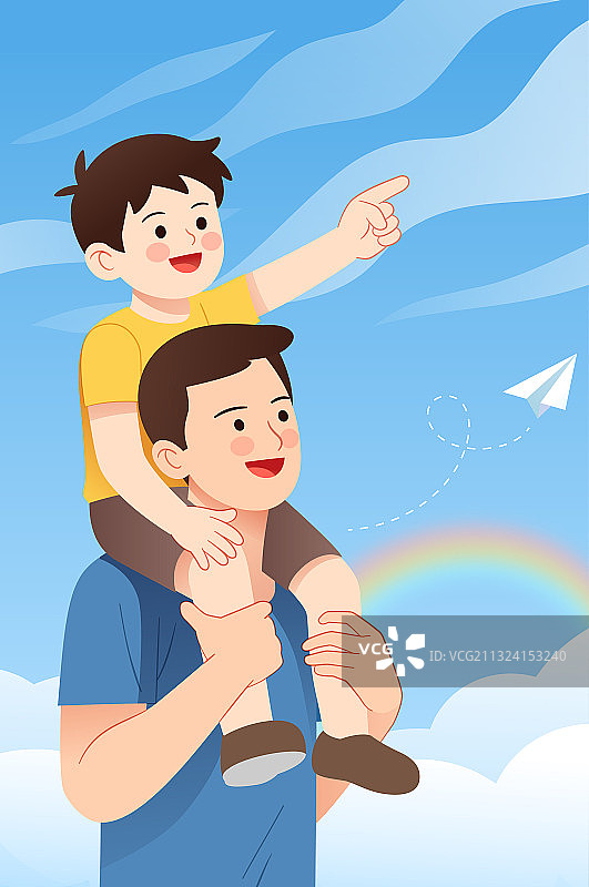 蓝天下一个孩子坐在爸爸肩上并手指前方图片素材