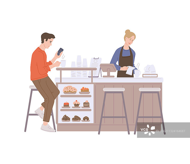 咖啡店：咖啡师在柜台服务顾客图片素材