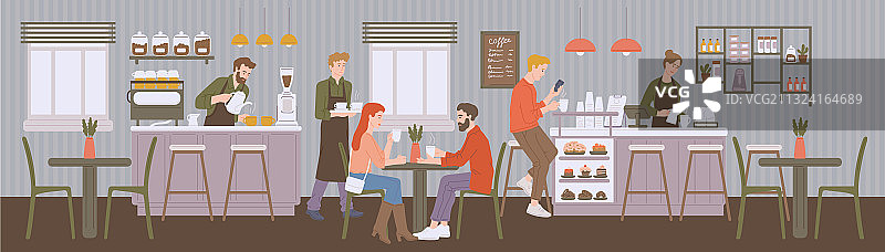 水平构图咖啡店内部扁平风格图片素材