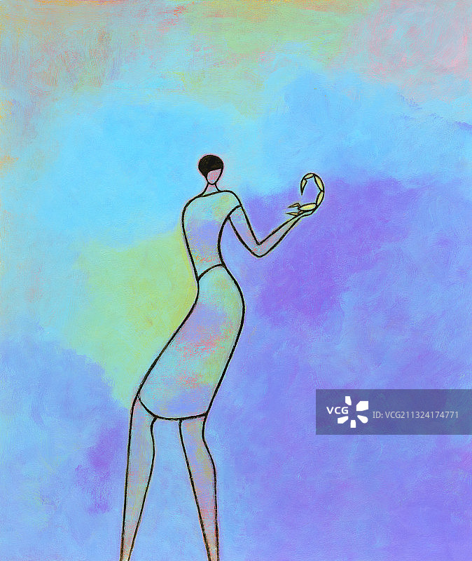 手持蝎子的女人，天蝎座的标志，插画图片素材
